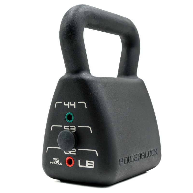 A PowerBlock heavy adjustable kettlebell, the Pro 35-62 pound adjustable kettlebell.