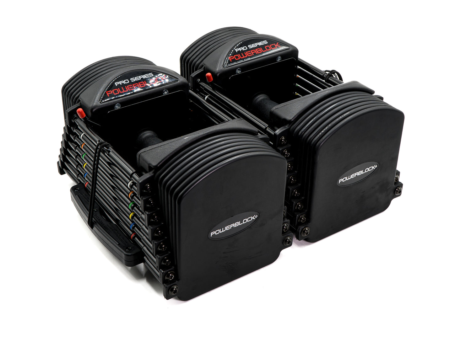 A product shot of a air of PowerBlock Pro 50 adjustable dumbbells.