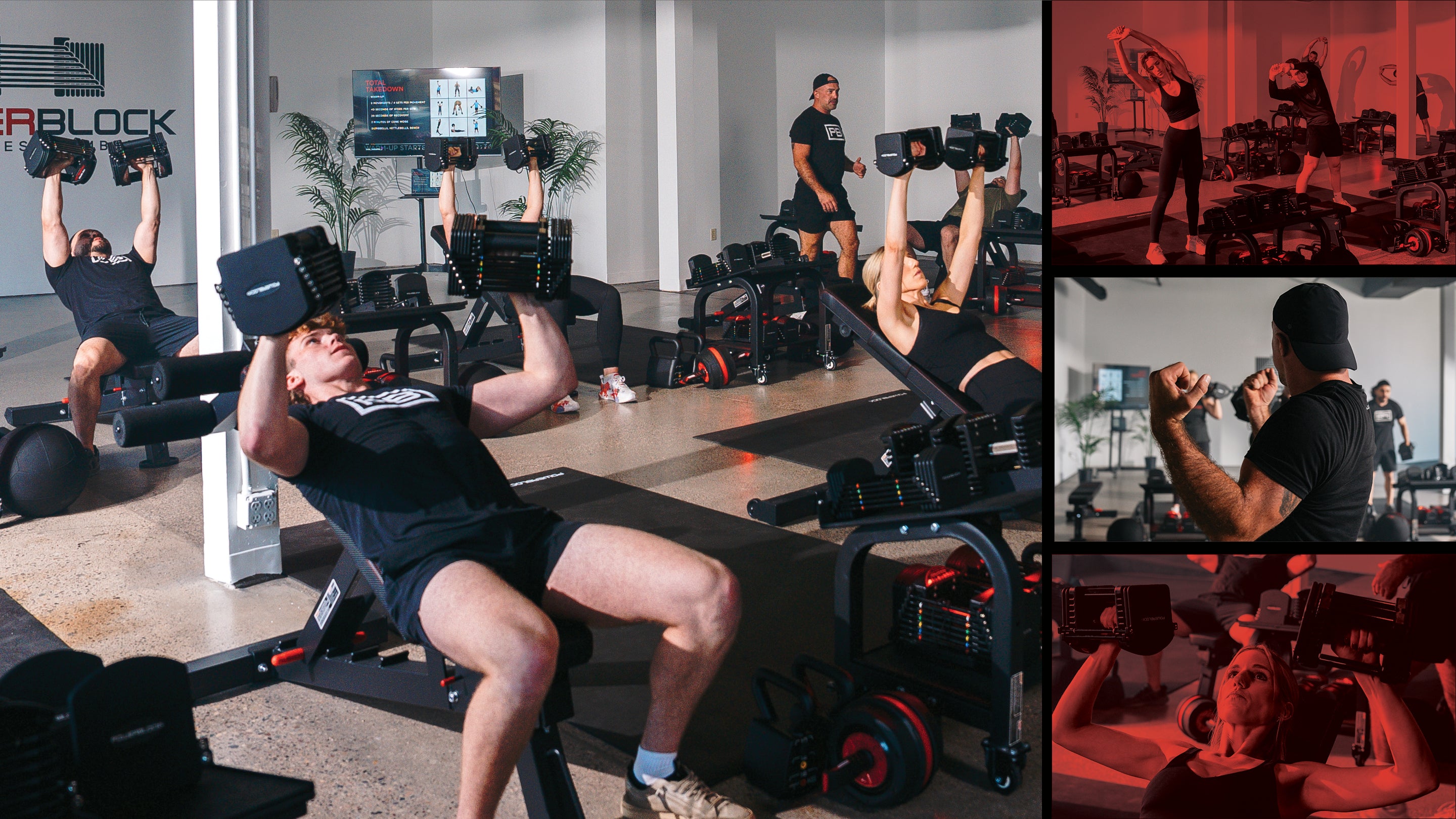 PowerBlock Fitness studio class in session with athletes doing dumbbell chest presses, stretches, and a coach leading hiit class members